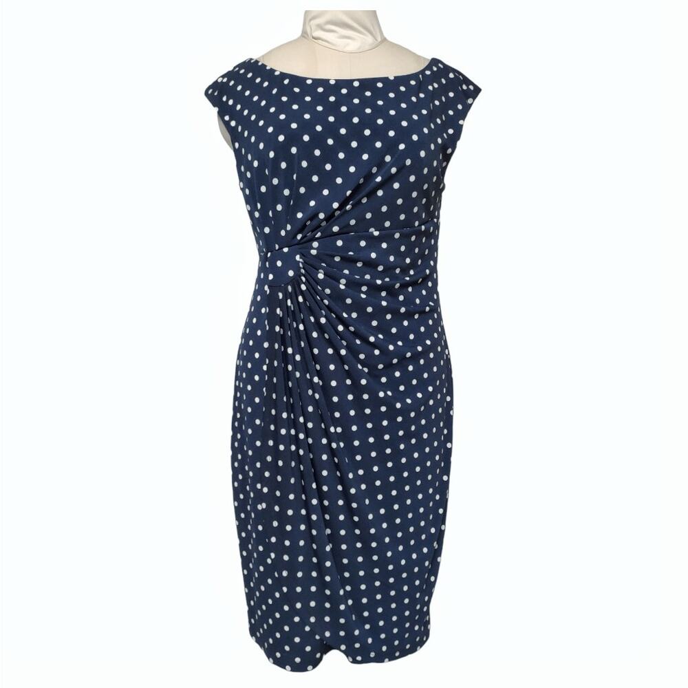CONNECTED Petite Navy Polka Dot Dress Size 12 Cap Sleeves Stretch Knit Pleated
